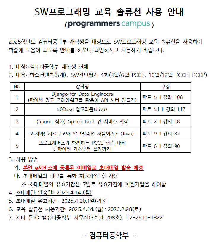 2025학년도 컴퓨터공학부 재학생을 대상으로 제공되는 SW프로그래밍 교육 솔루션 안내. 총 5개의 학습 콘텐츠(Django for Data Engineers, 50Days 알고리즘, Spring Boot 웹 서비스 제작, 자료구조와 알고리즘(Java), PCCE 합격 대비)와 SW진단평가 4회가 포함되며, 본인 e서비스에 등록된 이메일로 2025년 4월 14일 초대 메일이 발송되고, 4월 20일까지 유효함. 사용 기간은 2025년 4월 14일부터 2026년 2월 28일까지이며, 초대 링크를 통한 회원가입 후 이용 가능.